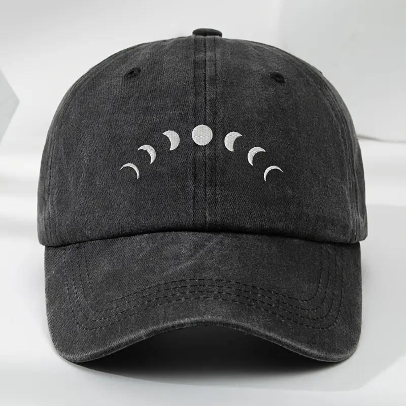 Celestial Moon Phase Distressed Dad Hat, Unstructured Cap for Men & Women - Low-Profile Fashion Apparel, Anniversary Gift, Wrinkle Resistant Fitted Hats, Memorial Day, Ceremony, Adjustable, Dad Style Cap, Accessories For Women, Baseball Cap Adjustable
