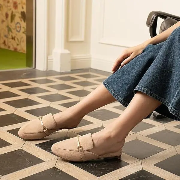 MUSSHOE Women's Suede Mules Flats Loafers - Gold Buckle, Memory Foam, Pointed Toe, Backless Slip-On Female Everyday Shoes for Office Work, Business Casual Use, Footwear, Shoes For Women, Women's Shoes