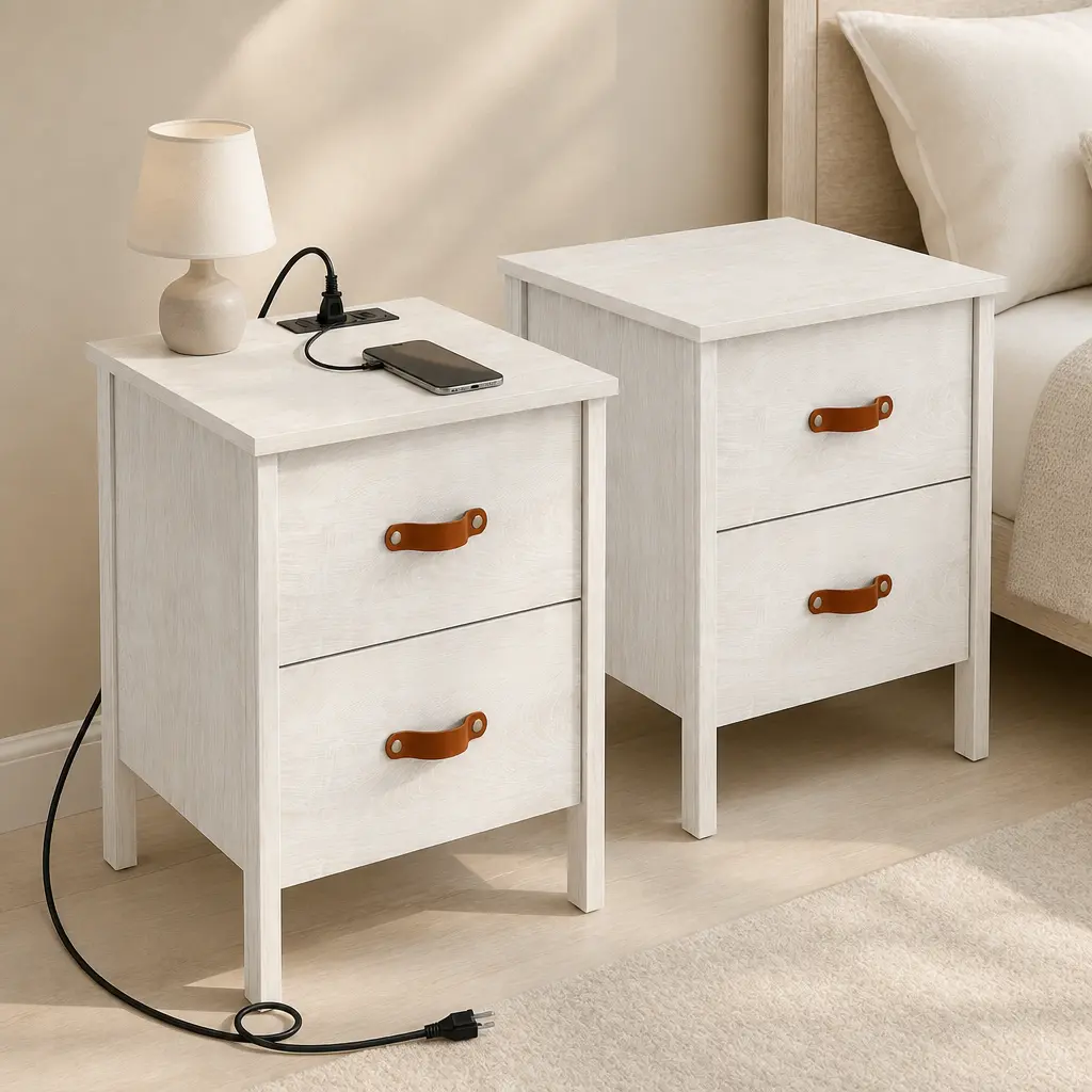 2PCS Modern Bedside Table with Charging Station & 2 Drawers