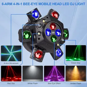 120W 6-Arm Moving Head DJ Light, 4-in-1 RGBW Laser Pattern Strobe Stage Light for Party Wedding Club