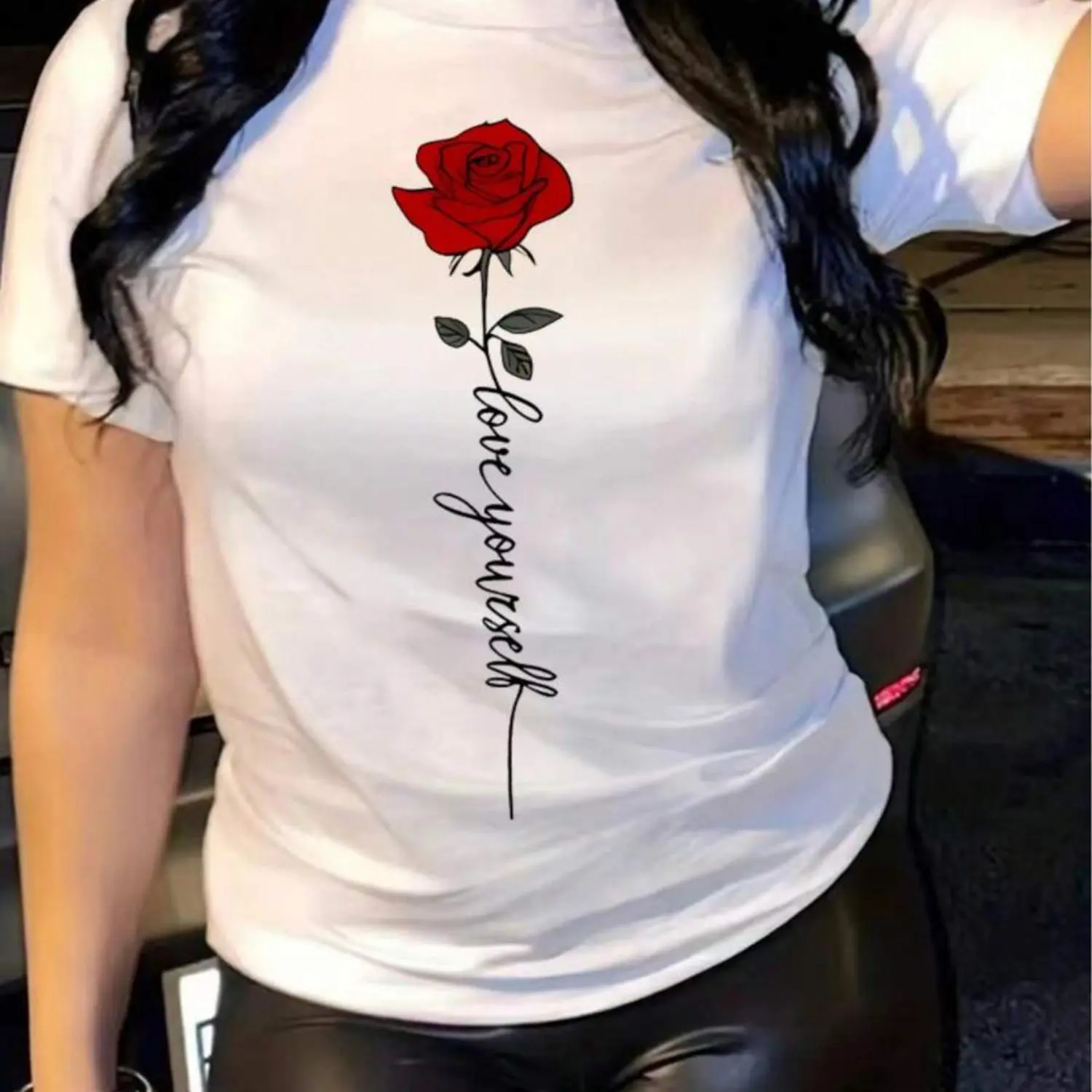 Rose Love Graphic Women's Loose-Fit Summer T-Shirt - Casual, Breathable, Comfortable Short Sleeve