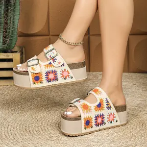Evolra Women’s Floral Embroidered Platform Sandals – Double Buckle Cork Slide Sandals for Vacation, Travel & Summer Casual Wear | Trendy Shoes for Party