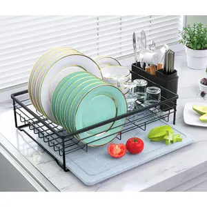 Escurridor de Trastes para Cocina Dish Drying Rack with Stone Drying Mat, Quick-Drying, Stainless Steel, Space-Saving Organiser