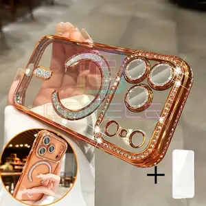Phone Case: 2026 New Phone Case [Rhinestone Edging & Electroplating] for iPhone 17 Pro Max Air Series, Luxury Rhinestone Electroplated Phone Case, Supports Wireless Charging with Built-in Lens Protector