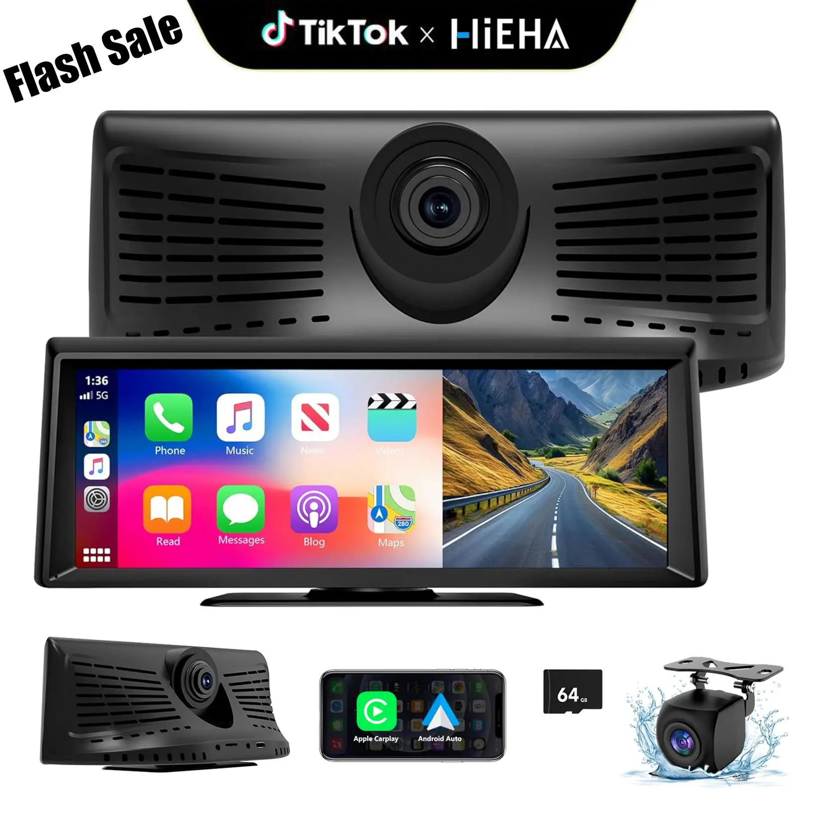 【HiEHA】2025's Dash Cam with Carplay: 8.14" Touchscreen, Wireless Carplay & Android Auto, 1080P Rear, 2K Front, GPS, Bluetooth, and More DealsforYouDay