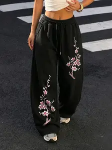 Women's Black Wide Leg Sweatpants - Pink & White Cherry Blossom Branch Graphic Oriental Elegant Style Loose Casual Trousers