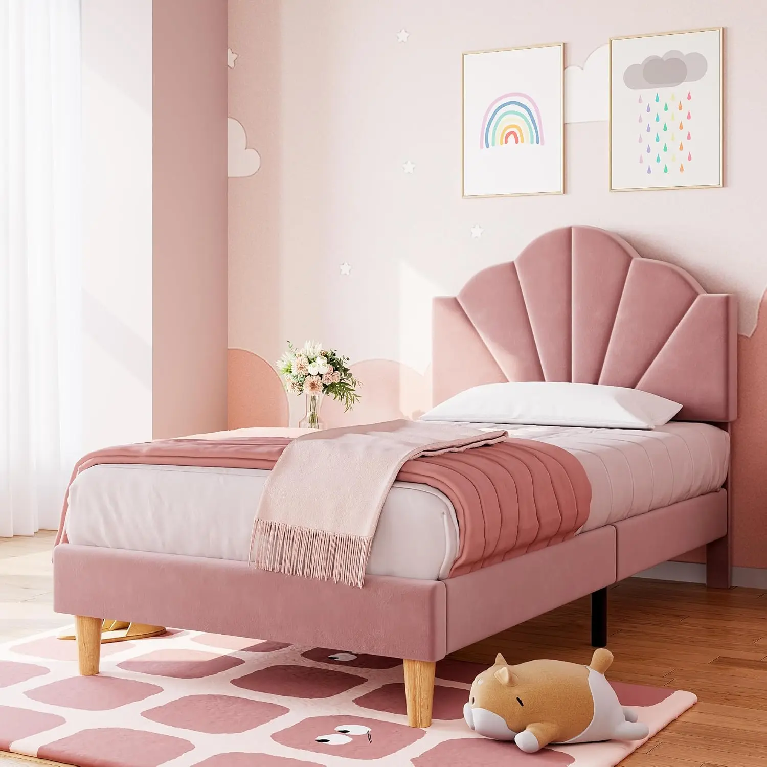 GAOMON Single Velvet Upholstered Floor Platform Bed Frame - Comfortable & Sturdy, 77.2in L x 40.7in W x 46.1in H, Height-Adjustable Headboard, Wooden Slat Support, Assembly Required, No Box Spring Needed, Blush Pink, for Kids, Comfortable And Sturdy Beds,