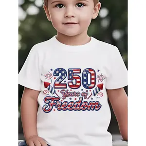 [Print Design-Not Textured] American Independence Day Summer Boys Fashion Short Sleeve T-Shirt 250 Years of Freedom Fireworks, Firecrackers, Stars Cartoon Print Outdoor Casual Top