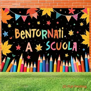 Back-To-School Italian Banner, Bentornati a Scuola Design, School Reopening Party Decoration, Colorful Flag & Maple Leaf Accents
