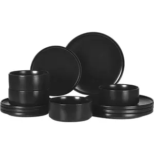 Classic Series - Plates and Bowls Set for 4, 12 count Stoneware Dinnerware Sets, Microwave and Dishwasher Safe  Handcrafted Ceramic Dishes Set - Matte Black