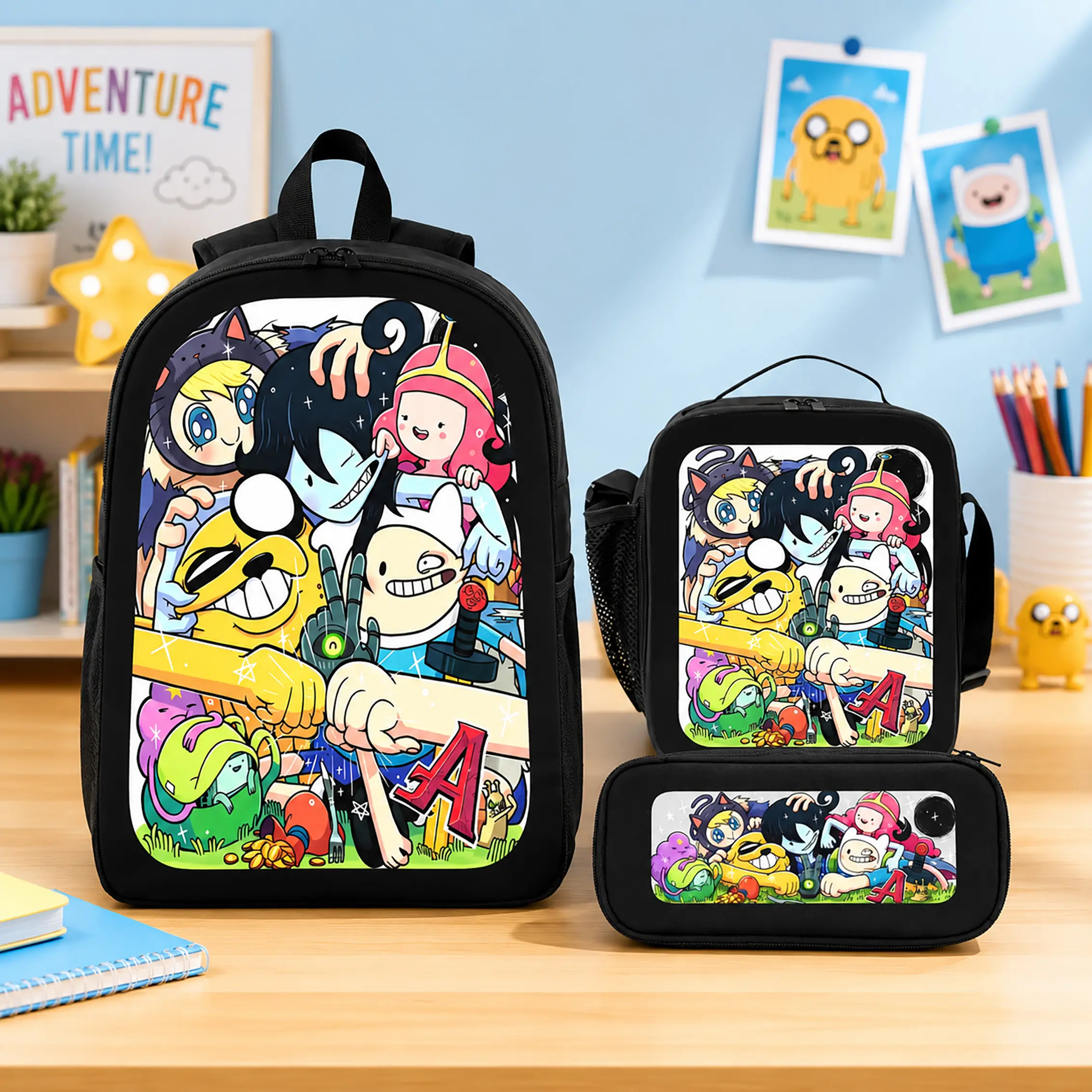 Adventure Time Finn Jake 3 Piece Backpack Set Polyester Backpack Lunch Bag Pencil Case Large Capacity Lightweight Breathable Cartoon Anime Bookbag For Back To School Travel Daily Use Kids Boys Girls Teens Students