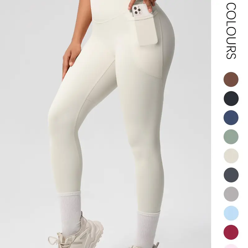 Women's Solid Color High Waist Sports Leggings, Women Workout Clothes, High Stretch Comfortable Breathable Tummy Control Butt Lifting Pocket Skinny Pants for Gym Workout, Yoga Pants