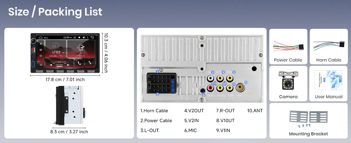 Double Din Car Radio Stereo, 7 inch Touch Screen Radio for Car Stereo Receivers, 2 Din Bluetooth Radio, Backup Camera, SWC, Mirror Link, Support FM/EQ/AUX, Type-C & USB Charging