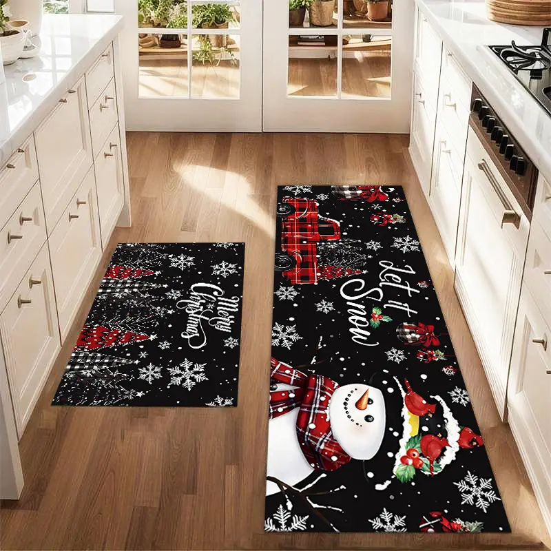 2Pcs Christmas And New Year Printed Kitchen Rug Snowman Car Snowflake Mat Set Farmhouse Kitchen Carpet Restaurant Floor Laundry Room Decoration Carpet Mat Home Decor Rugs Home Decorative Rug