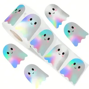 1pc/500sheets Hot Halloween Ghost Stickers Roll, Waterproof Self-Adhesive Laser Cut Ghost Shapes, Cute and Fun for Party Decor, Scrapbooking and Envelopes