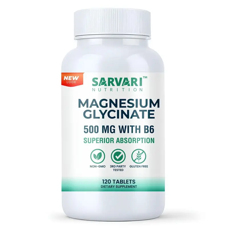 Sarvari Nutrition Magnesium Glycinate 500mg with B6 Tablets 120 Count Chelated for Superior Absorption Vegetarian Non-GMO Gluten-Free Gentle on Stomach Edible Healthcare Supplement