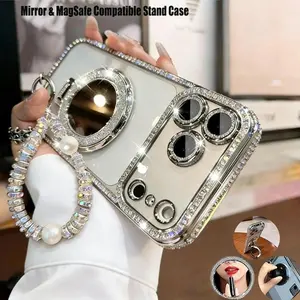 Women's Phone Case with Mirror & MagSafe Compatible Stand for iPhone 12/13/14/15/16/17 Pro Max,17Air,14/15/16 Plus. Features a shiny frame, high-definition transparent material, and Soft full-body drop-resistant design