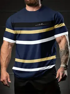 Men's Sport Outdoor 3D Striped Pattern Printed Short Sleeve Summer Top, Casual Fitted Long Clothing, All Season Streetwear, Outdoor Sportswear