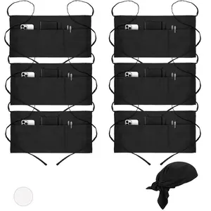 Batex 6 Pack Cotton Server Apron with 3 Pockets and Chef Bandana, Waist Apron for Waitress and Waiters, Half Apron for Women
