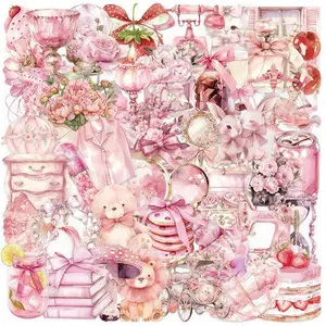 50PCS Cartoon Pink PET Sticky Sticker Aesthetic Korean Stationery DIY Decoration Scrapbooking School Supplies for Kids