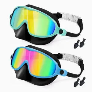 Kids Swimming Goggles with Nose Cover, Large Frame Waterproof Anti-Fog Design for Ages 3-12, High Definition Outdoor Swim Glasses