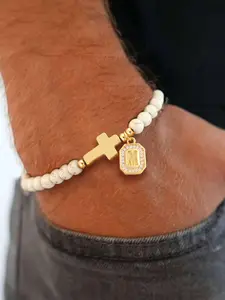 Men's Vintage Beaded Bracelet with Zirconia Initial Cross Pendant, Faux Pearl Chain, Casual Style, All Seasons Jewelry Gift for Him, Exquisite Trendy Bracelet