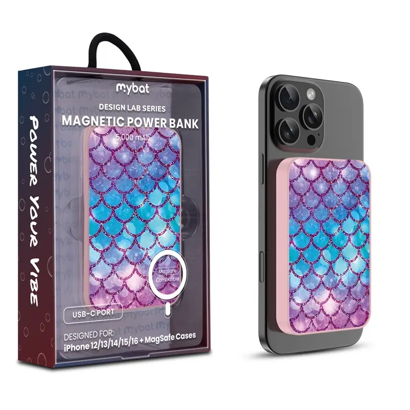MyBat Design Lab Compact 5000mAh Magnetic Wireless Charging Power Bank - Pink Mermaid Scales, USB-C Port, USB-C Input, Magnetic Sync, MagSafe Fit, Versatile for iPhone 12-17 Multiple Device Charging Mobile Accessories, Batteries