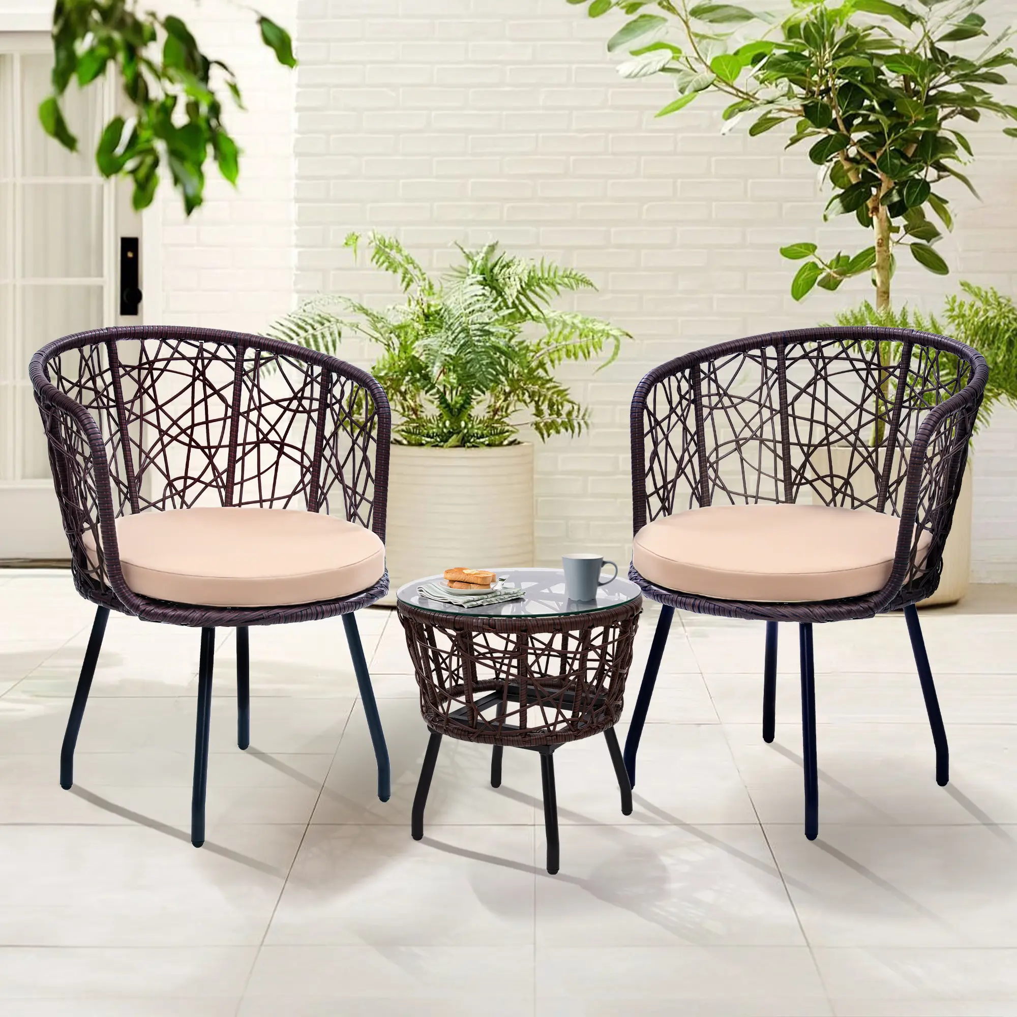outdoor furniture set, 3 Piece Outdoor Bistro Set Modern Wicker Patio Furniture Tempered Glass Table 2 Chairs Washable Cushions Chic Natural Rattan Black Cushions Trendy Decor Must Have tiktokshopspringglowup summerwins, Dining