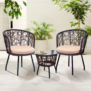 3 Piece Outdoor Bistro Set Modern Wicker Patio Furniture Tempered Glass Table 2 Chairs Washable Cushions Chic Natural Rattan Black Cushions Trendy Decor Must Have