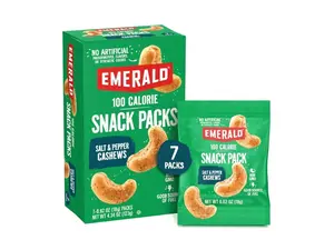 Emerald Nuts Salt and Pepper Seasoned Cashews 7ct (1-Pack), 100-Calorie Individual Packs, Kosher Certified, Non-GMO, Contains No Artificial Preservatives, Flavors or Synthetic Colors