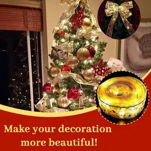 Christmas Tree Ribbon String Light Lamps - 32ft~65ft 100~200 LED Batteries(2/3 AA) Powered Fairy Lights with Flicker and Battery Case, Ribbon Bow Light for 6ft - 8ft Christmas Tree New Year Decor, Gold Ribbon, Warm-color