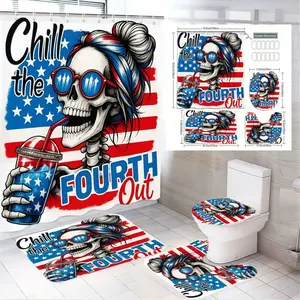 1/4pcs Fourth of July Bathroom Set, Patriotic Skeleton Shower Curtain with Bath Mats Toilet Lid Cover - Chill the Fourth Out Theme, Red White Blue Striped Stars Decor, Spooky Fun Festive 4th of July Bathroom Restroom Decor Set