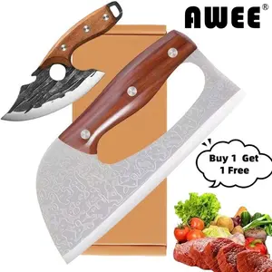 AWEE 2-pcs Handmade Forged Stainless Steel Kitchen Knife Set:Boning/Chef/Butcher/Fish Skin Knive.Suitable for outdoor or home meat cutting. Wooden handles. Ideal kitchen knives and a perfect gift for loved ones. High-quality essential cooking k