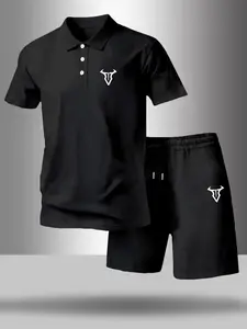 Men's Summer Graphic Bull Polo Set, Breathable Lightweight Fabric, Outdoor, Includes Pocket & Elastic Waistband Shorts, Perfect for Vacation Golf