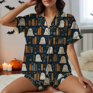 Halloween Satin Pajamas, Ghost Reading Book Silk Pajamas, Book Lovers Ghost Pajamas, Fall Pajamas, Spooky Season Gift, Cute Ghost Clothing