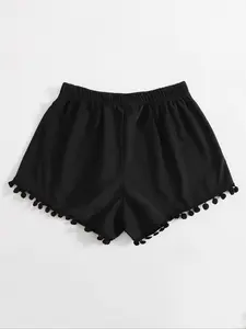Women's Solid Pom Pom Trim Swim Shorts, Casual Elastic Waist Swim Shorts for Summer, Women's Swimwear Bottoms for Beach Holiday Vacation, Swim Trunks