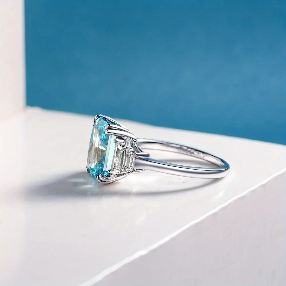 Classic 925 Sterling Silver Ring with a 4-Carat Aquamarine, Elegant Blue Stone Solitaire Design with Gemstone Accents for Women, 925 Stamp Rings