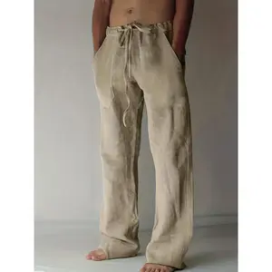 Loose Fit Woven Casual Cotton Pants, Men's Boho Style Waist Drawstring Comfy Pants