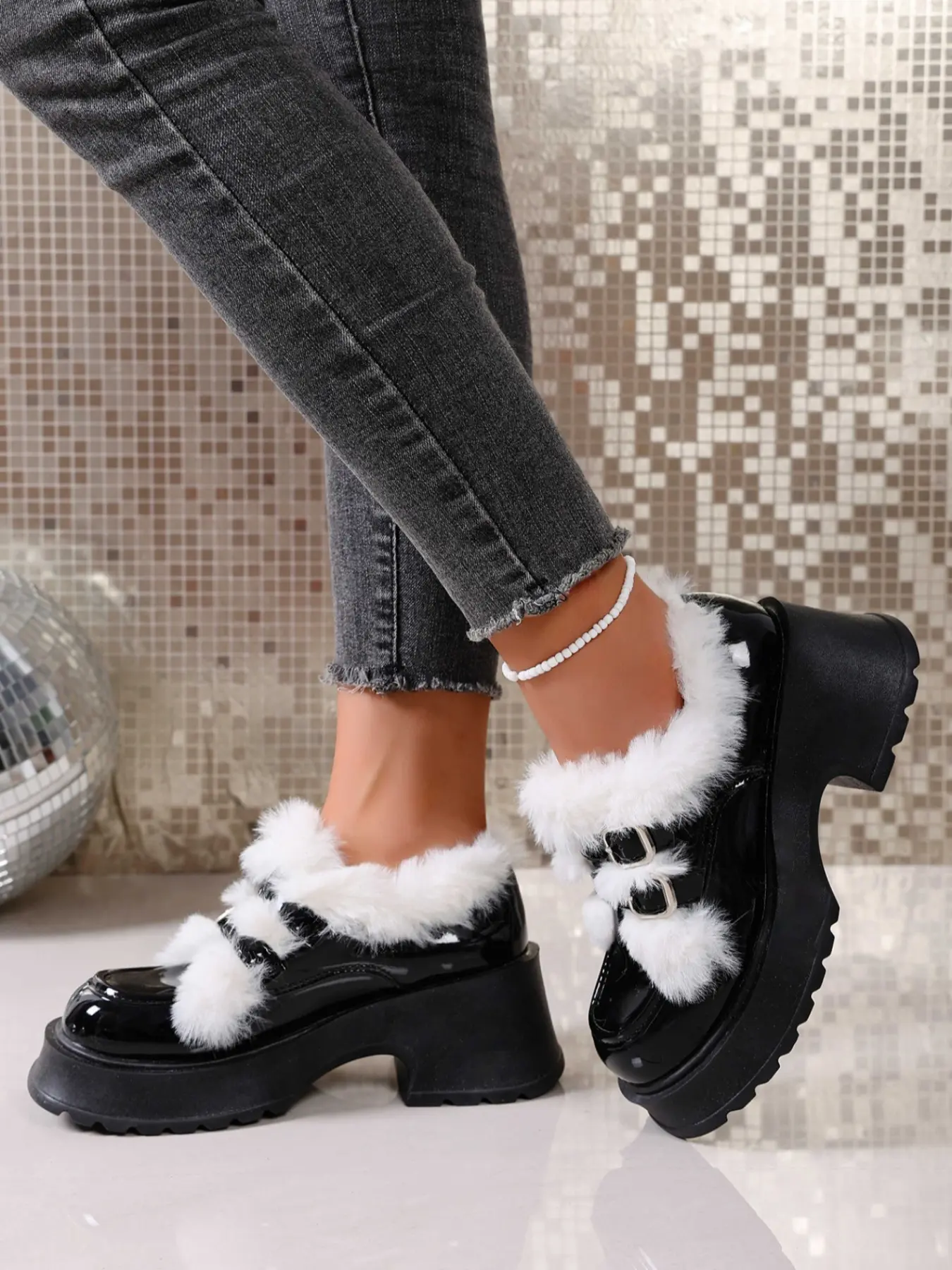 Women's Faux Fur Loafers, Warm Winter Shoes, Furry Shoes, Thick Sole High Heels, British Style Small Leather Boots, Fall & Winter New Arrival, Rubber, Thick Soled Loafers
