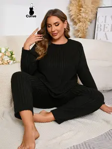 Plus Size Women's Knit Pinstripe Sleepwear Set, Casual Long Sleeve Top & Pants, Spring & Fall Wearable