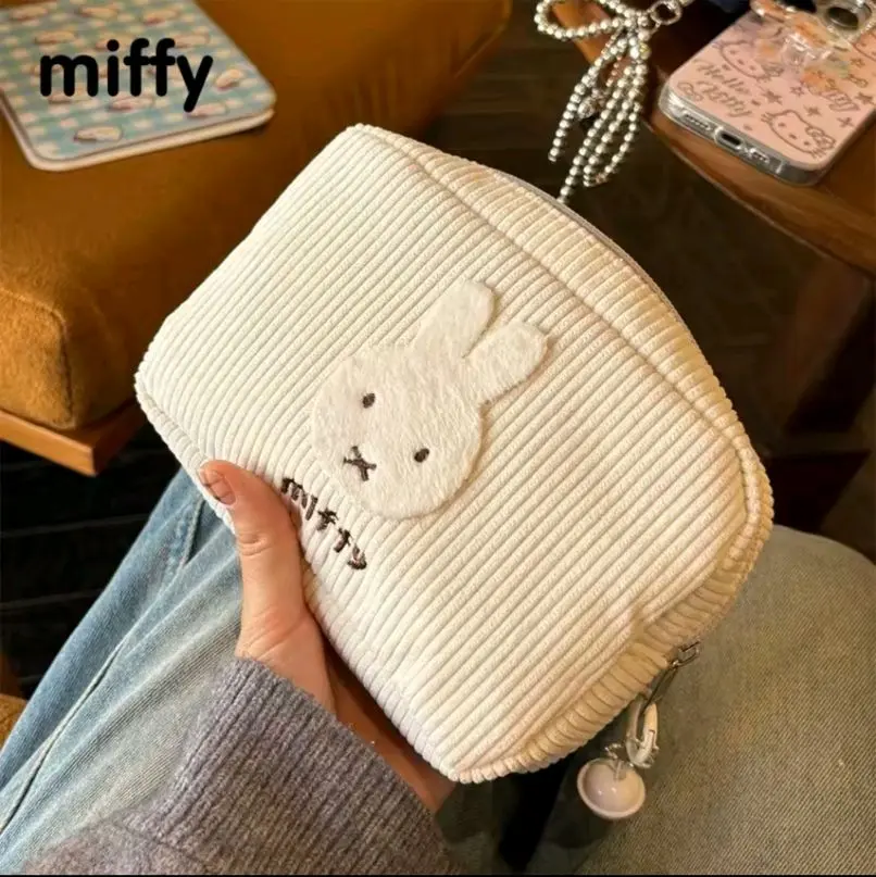 Kawaii Miffy Corduroy Makeup & Pen Case | Cute Bunny Pouch | Sanrio-Inspired Zipper Bag | Soft Pencil Case