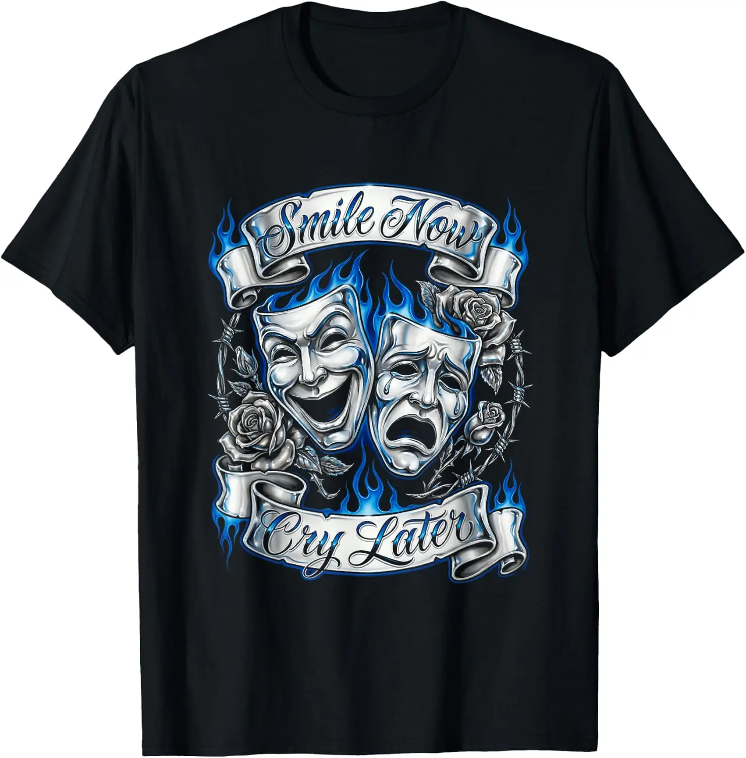 Unisex Soft Cotton Short-Sleeve T-Shirt, Smile Now Cry Later Chicano Masks Lowrider Art Graphic Top, Vintage West Coast Latino Streetwear Casual Round Neck Sports Top, Shortsleeve, Tshirt, Breathable Fabric, Relaxed Cut, Pure Cotton, Oversized Fit, Relaxe