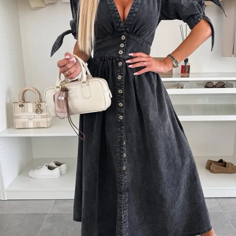 Luxe Divine Collection V-neck Long Button Denim Dress - Versatile Womenswear, Flattering Fit, Classic Button-Down Front, Casual Style, Multiple Colors Available Chic Comfort Vneck