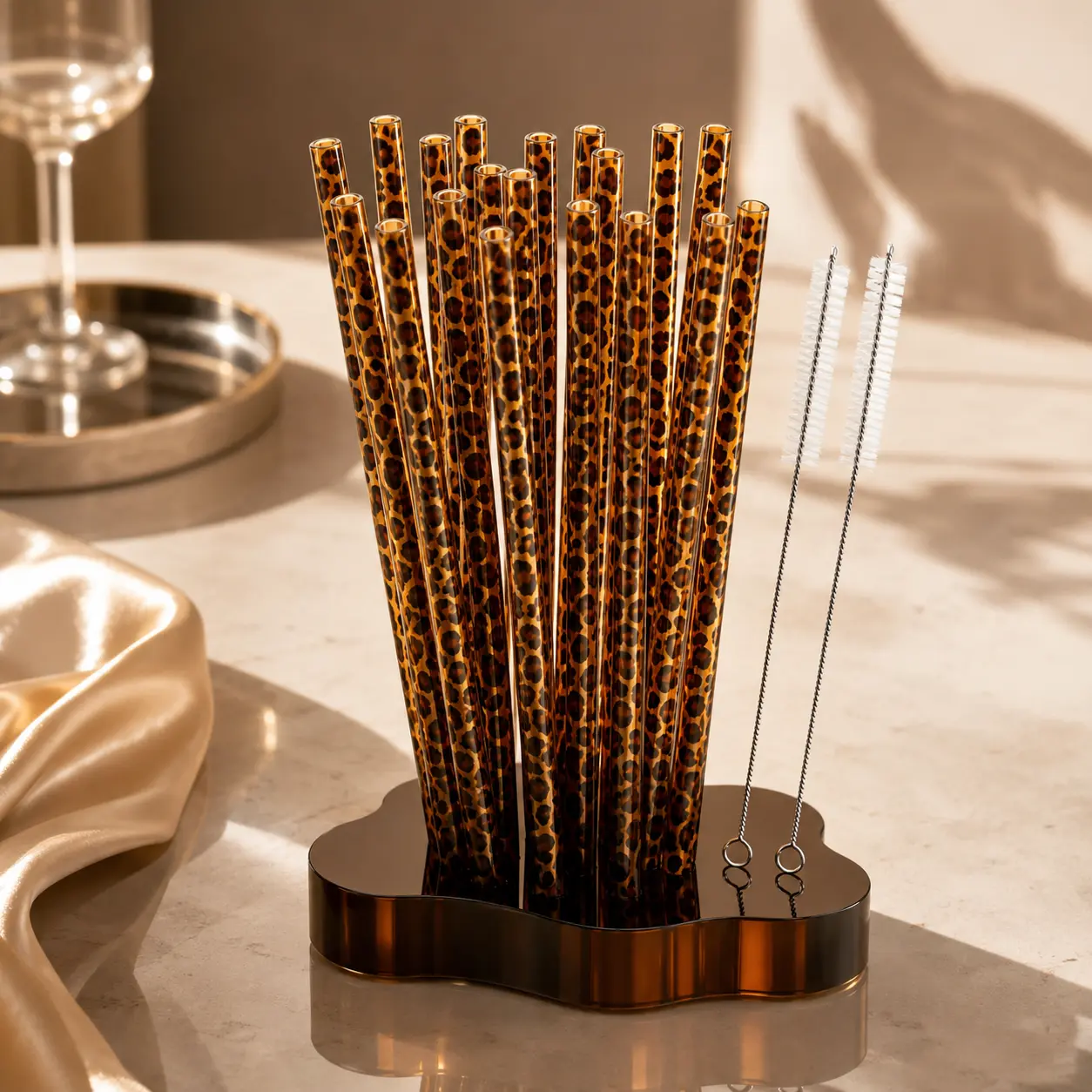 Reusable Plastic Drink Straws - 20/40/60 Pcs Bulk Packs, Women’s 20-Pcs Brown Animal Print Stylish Set for Tumblers, Eco-Friendly Birthday Party Favors with Cleaning Brush for Most Cups