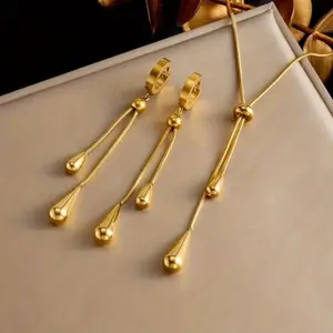 18K Gold Plated Elegant Stainless Steel Jewelry Set Simple Teardrop Necklace and Earrings for Women Versatile Daily Wear