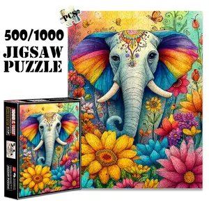 1pc 1000 piece adult puzzle 70x50cm Colorful Elephant Surrounded by Flowers and Butterflies 500 pieces of paper jigsaw puzzle, suitable for adults and families, large-scale DIY puzzle interactive toy