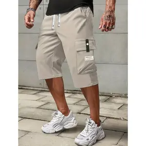 Lightweight Summer Men'S Cargo Capri Pants with Drawstring at The Waist, Featuring Large Pockets And Stylish Letter Patches, Perfect for Casual Outings And Everyday Wear.XYHB