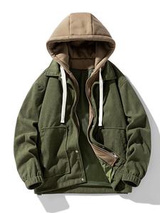 men's colorblock design drawstring corduroy hooded winter jacket, fashion cozy streetwear pocket zipper long sleeves outerwear for men, men's clothing for fall & winter, cold weather gear, jackets for men, western clothing