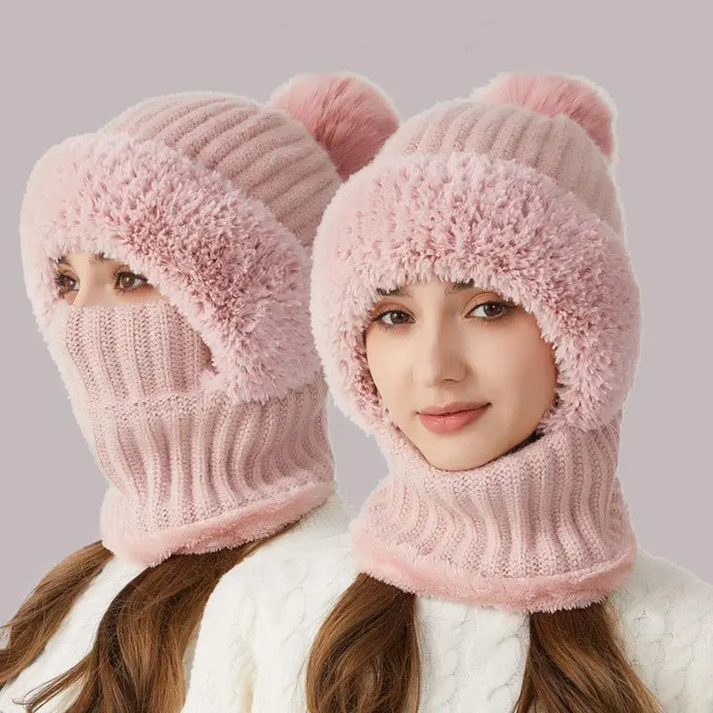 Winter Balaclava Hat Scarf Mask 3 in 1 Set Fleece Lined Windproof Thermal Hooded Neck Warmer with Ear Flaps for Outdoor Sports Cycling Skiing Snowboarding Motorcycling Ultra-soft Faux Fur Beanie and Scarf Set