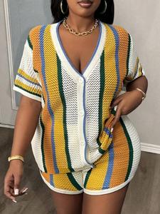 【plus size】 striped print knit sweater set, casual short sleeve v neck knit top & shorts, women's summer outfits, outfit sets women